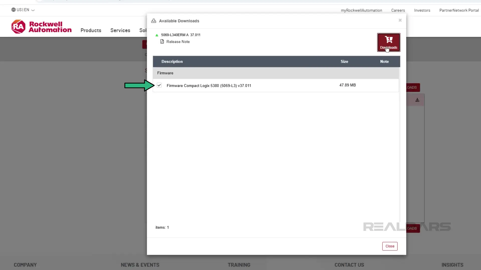 Rockwell Automation PCDC showing firmware download for CompactLogix 5380 with a 47.89 MB file selected.