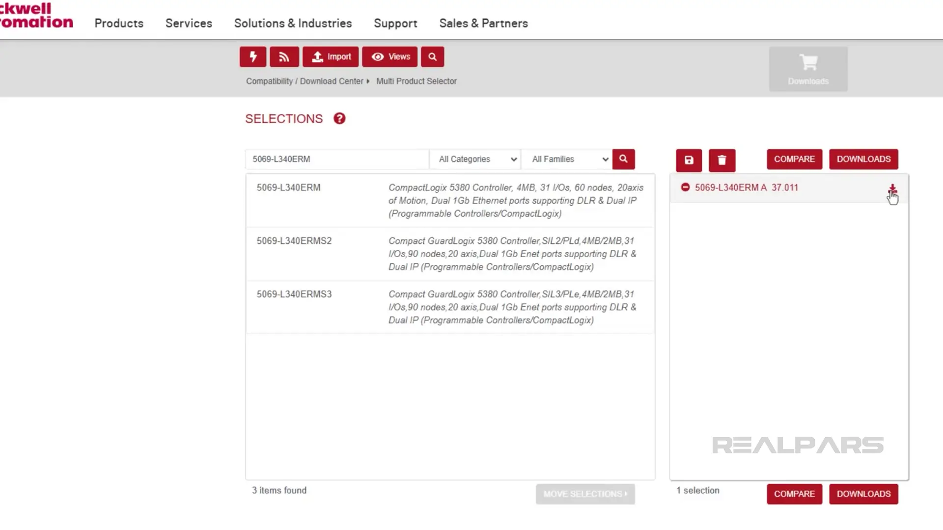 Rockwell Automation PCDC page showing selected CompactLogix controller for download with compare and download options.