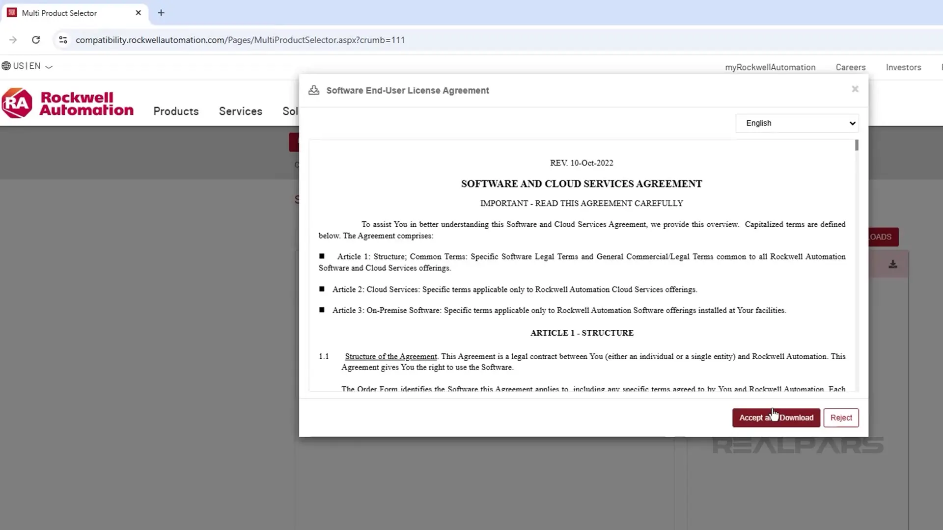 Rockwell Automation PCDC showing software end-user license agreement with options to accept and download or reject.