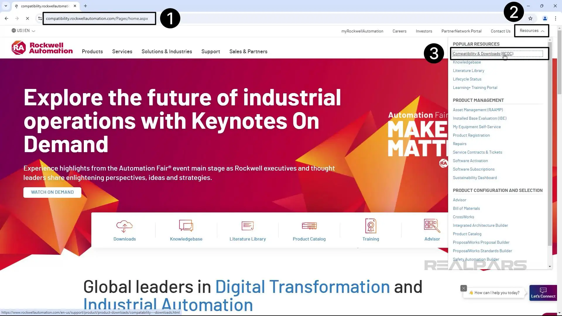 Screenshot of Rockwell Automation's homepage highlighting the URL bar, resources menu, and 'Compatibility & Downloads (PCDC)' link under Popular Resources.