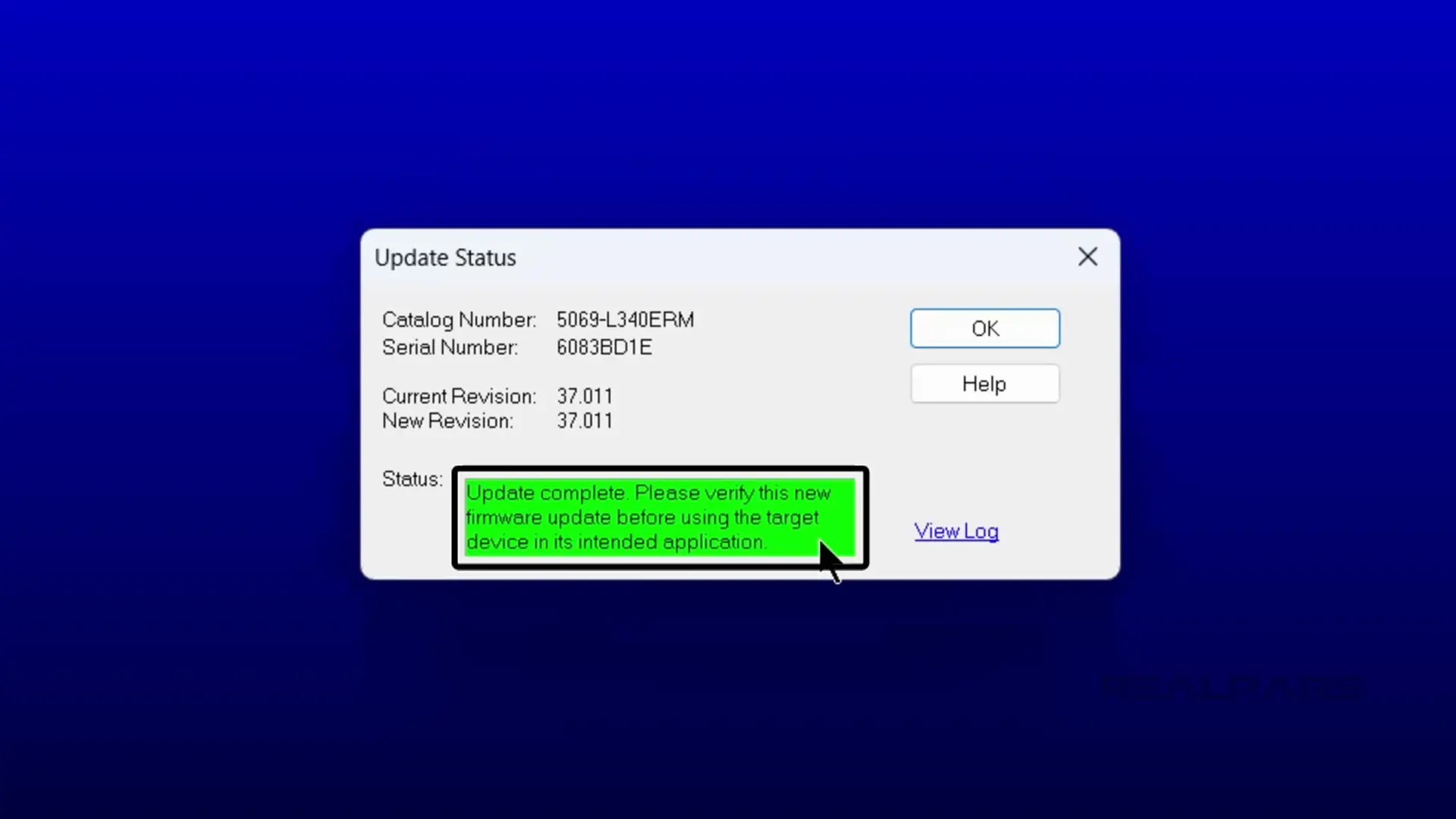 ControlFLASH update status window showing firmware update complete for 5069-L340ERM with a verification message.