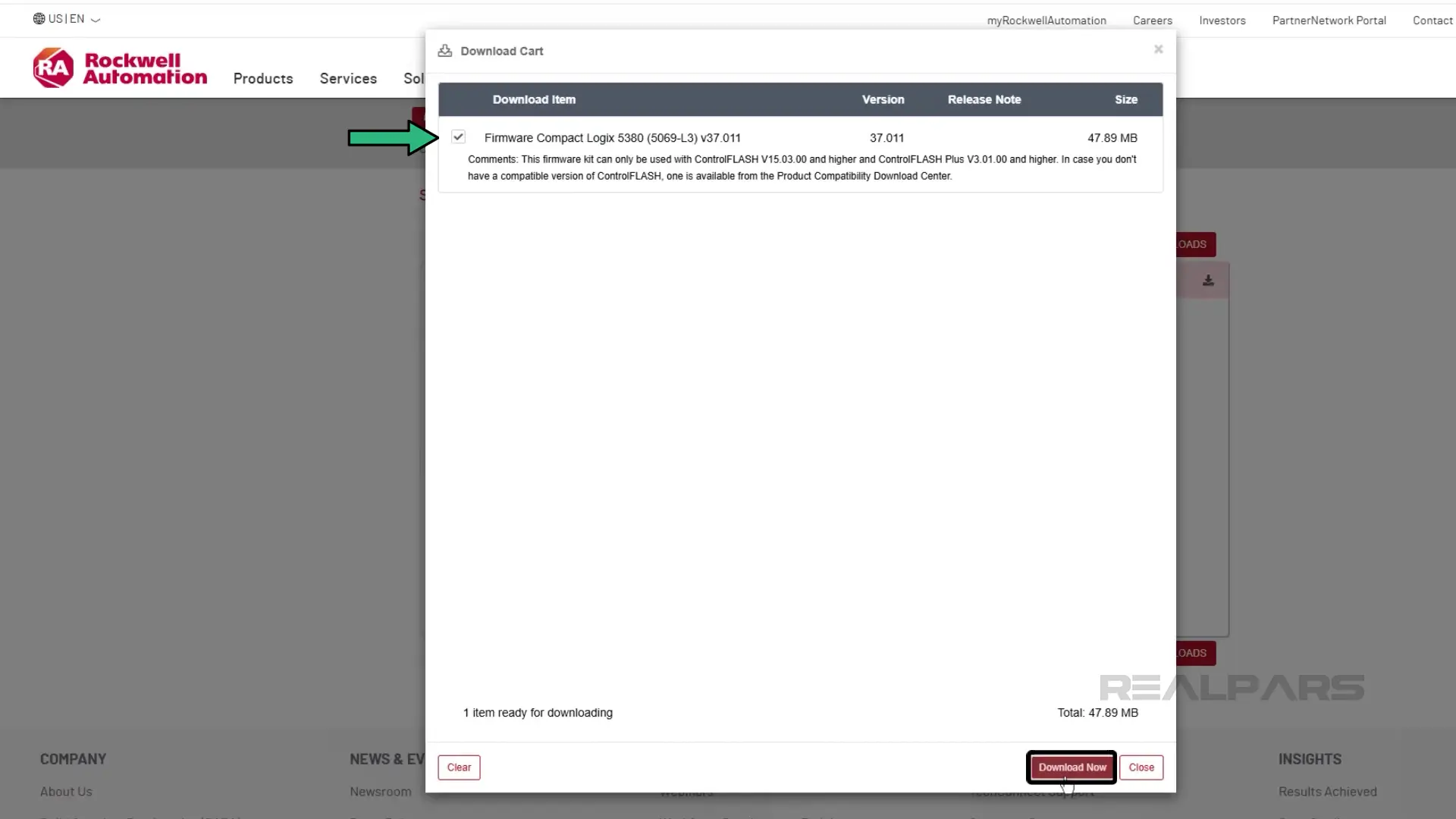 Rockwell Automation PCDC download cart showing CompactLogix 5380 firmware v37.011 ready for download.