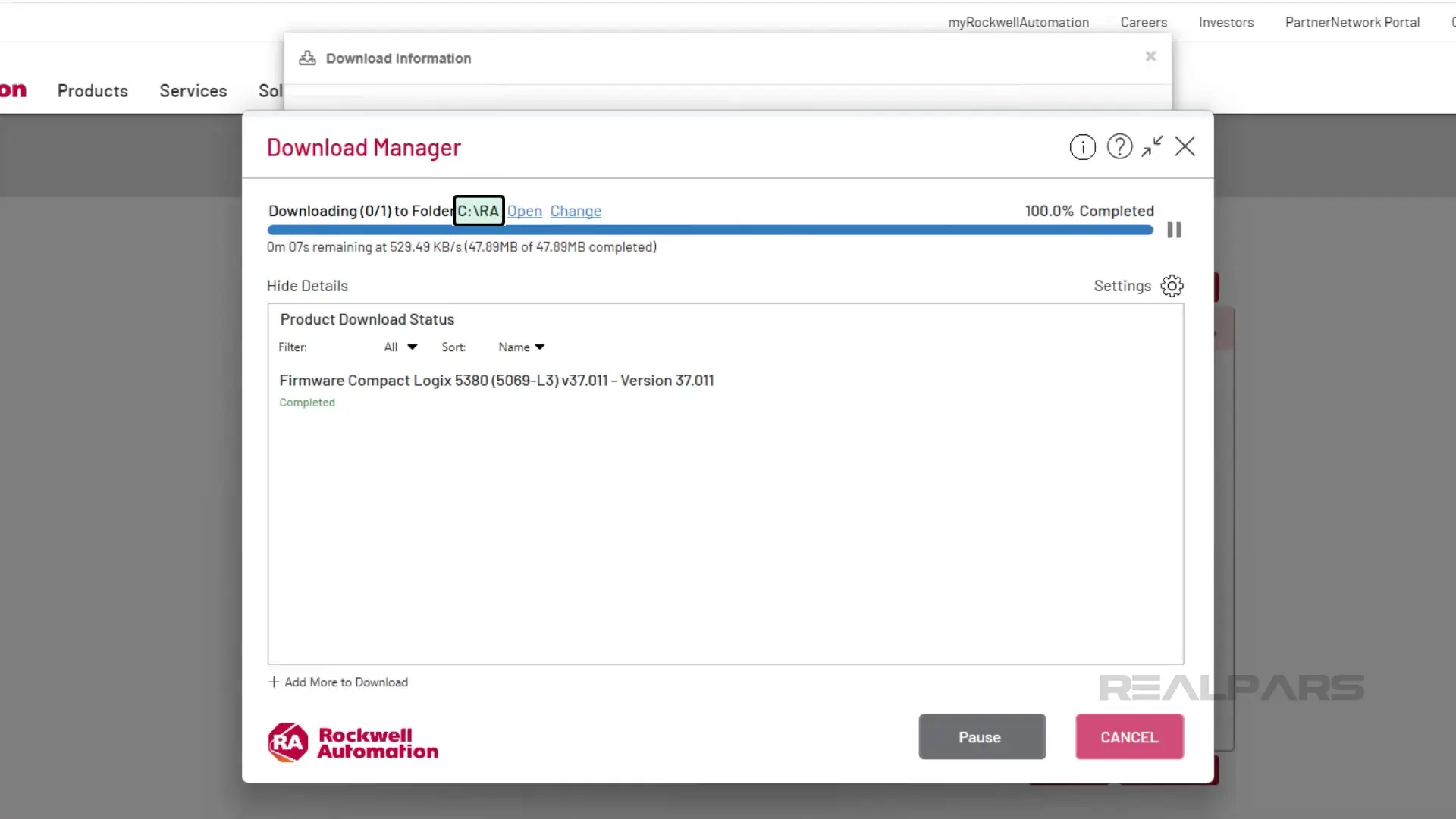 Rockwell Automation PCDC Download Manager showing firmware download progress for CompactLogix 5380 v37.011.