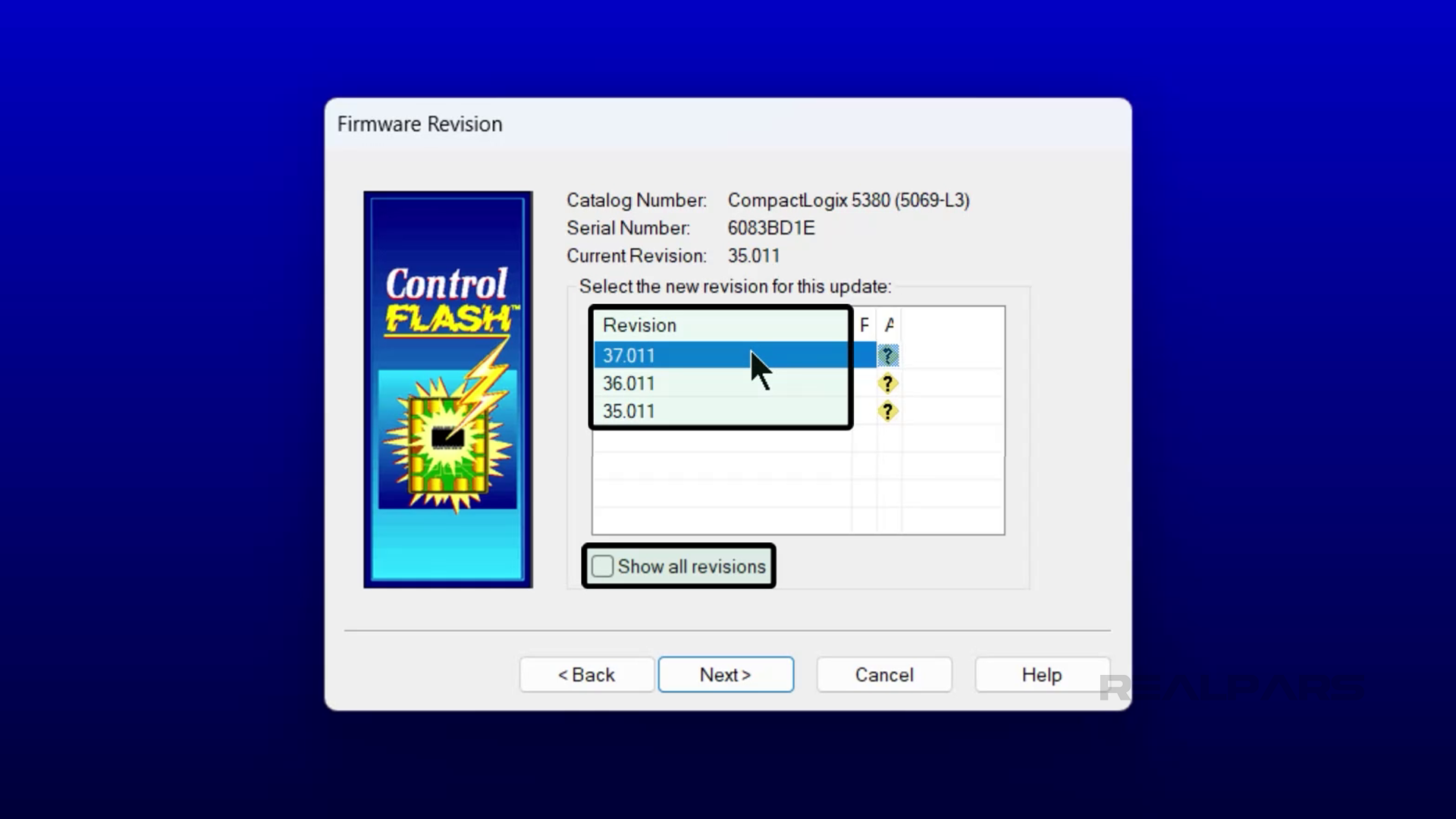 ControlFLASH window showing CompactLogix 5380 (5069-L3) firmware revision selection from versions 35.011 to 37.011.