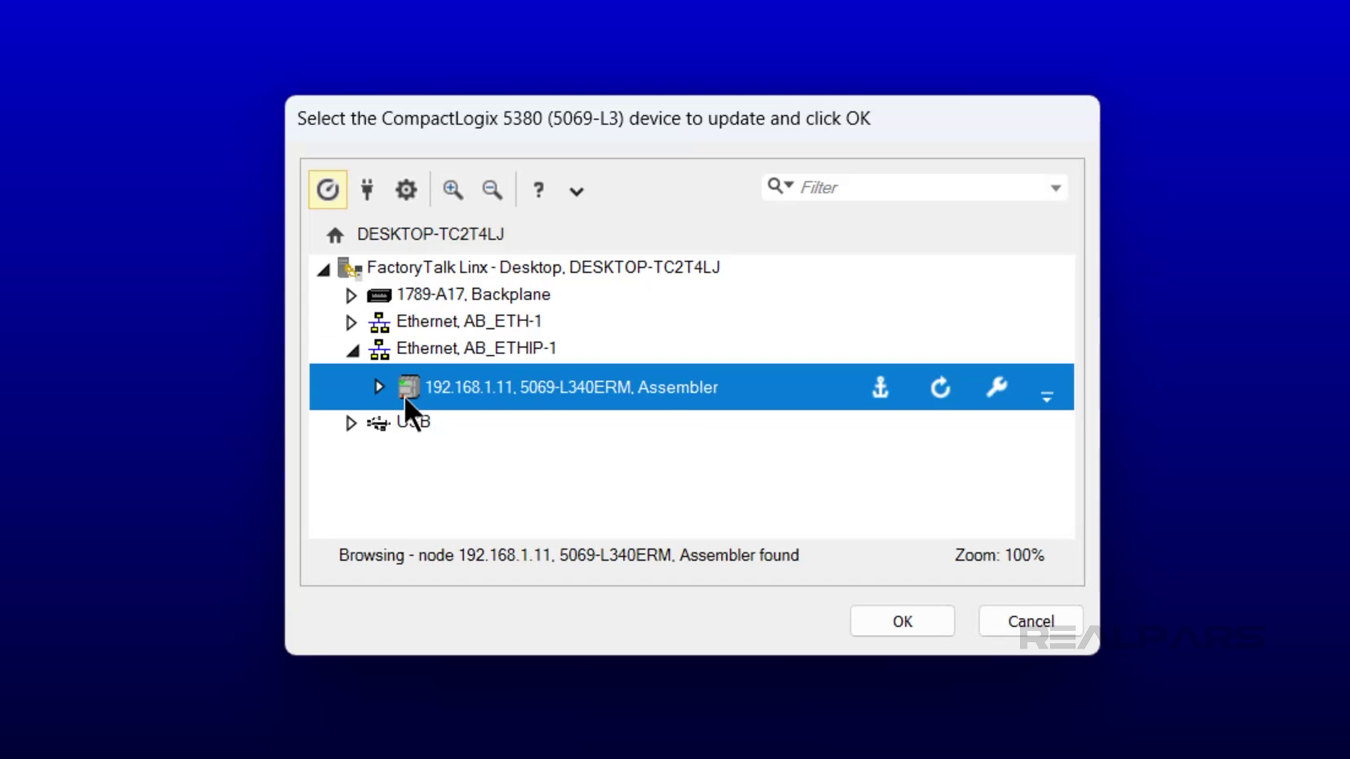 ControlFLASH window showing CompactLogix 5380 (5069-L340ERM) device selected with IP address 192.168.1.11.