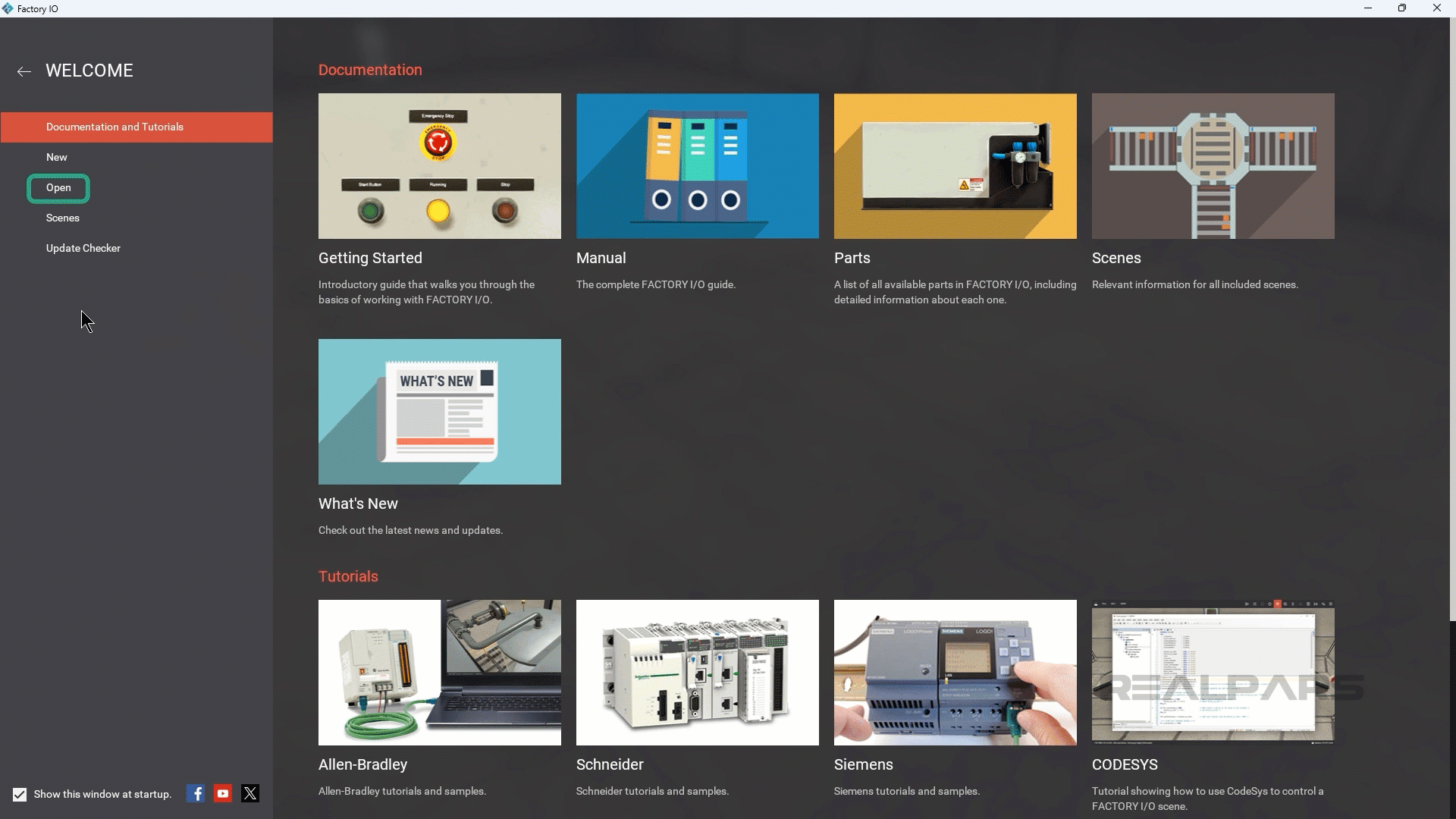 Factory IO interface displaying selectable scenes for conveyors, assembly lines, and other industrial automation setups.