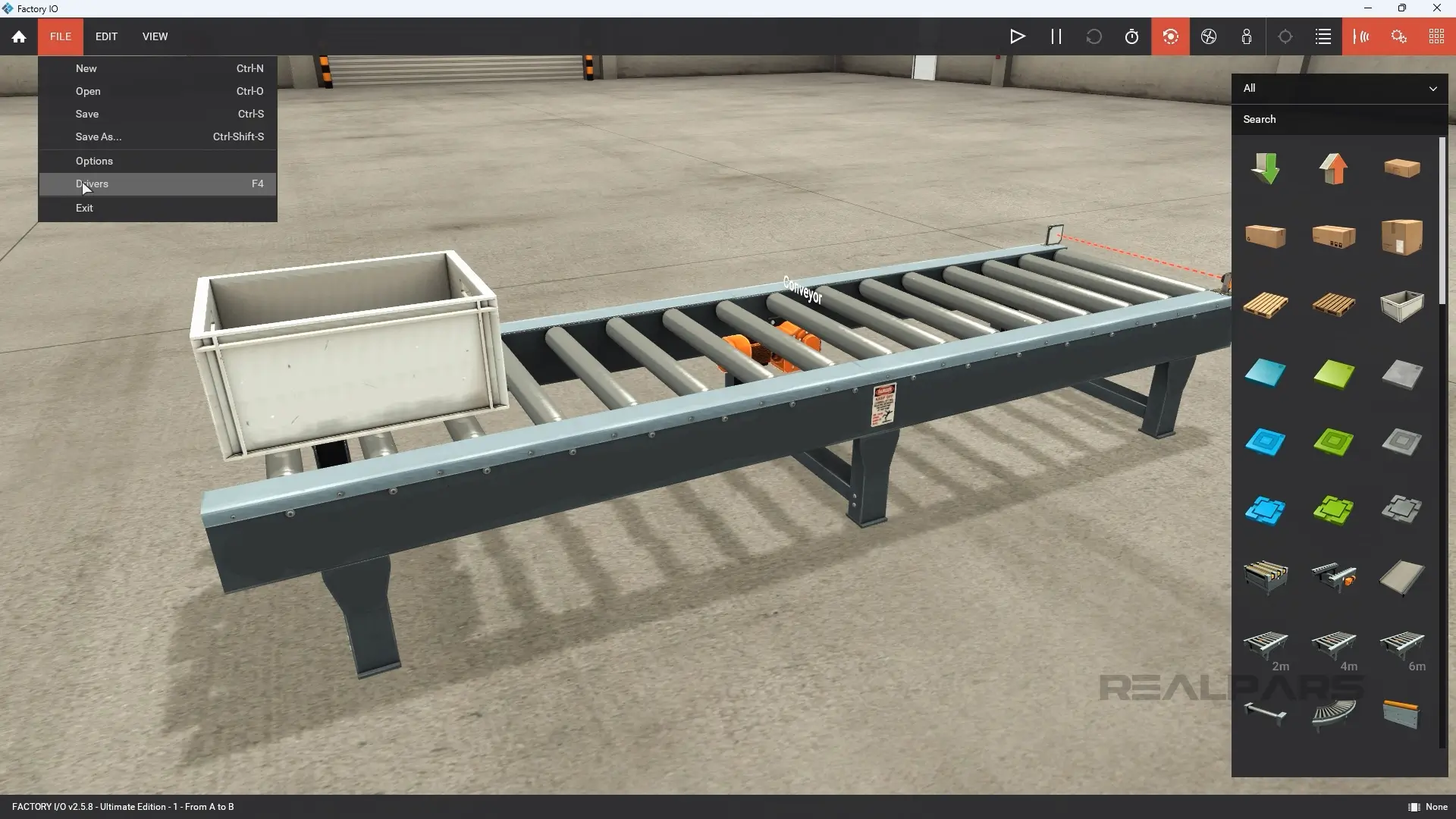 Factory IO environment with a roller conveyor, storage bin, and the 'File' menu open for scene configuration options.