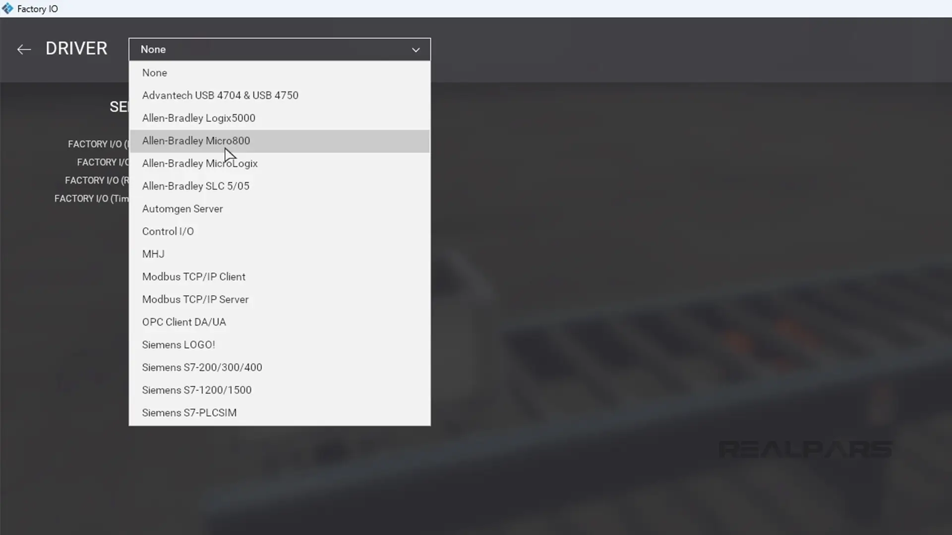 Factory IO driver menu open, highlighting the Allen-Bradley Micro800 option for PLC connectivity.