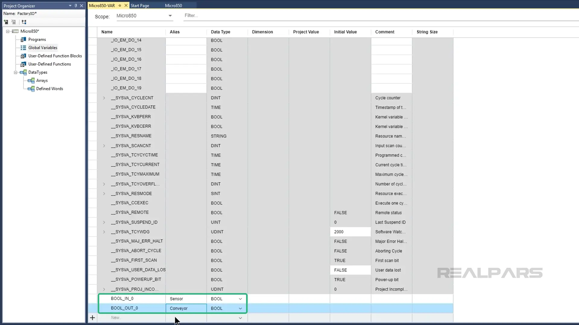 Global variables table in Connected Components Workbench with boolean tags for sensor and actuator control.