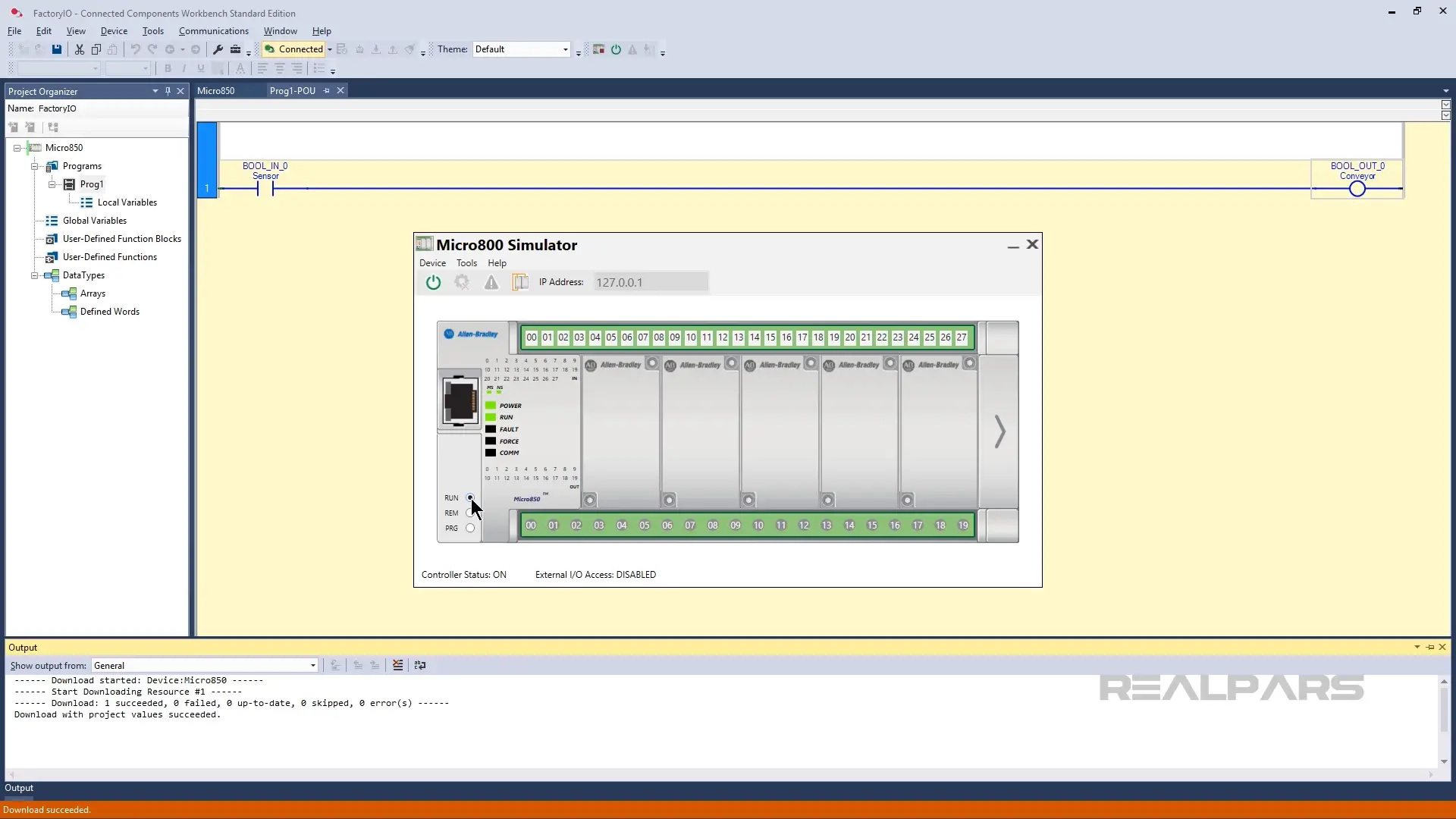 Micro800 Simulator window opened in Connected Components Workbench, showing simulated I/O modules and a simple PLC project.