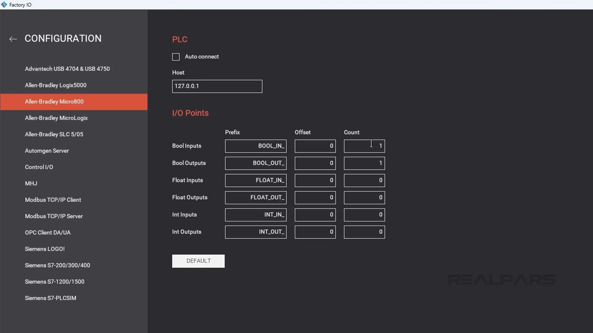 Allen-Bradley Micro800 driver settings in Factory IO with IP address field, I/O points, and configuration options.