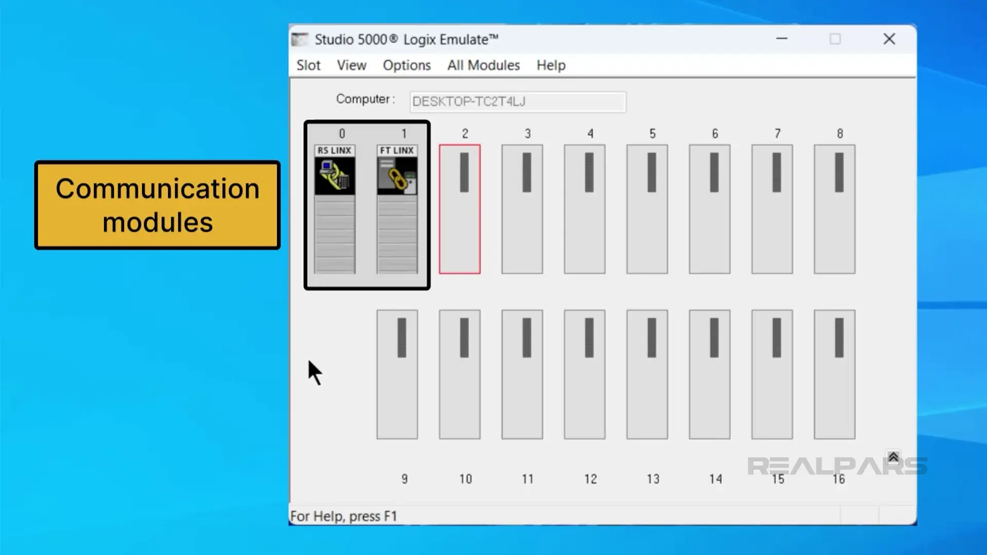 Studio 5000 Logix Emulate window showing communication modules, including RS Linx and FT Linx, in the virtual chassis setup.