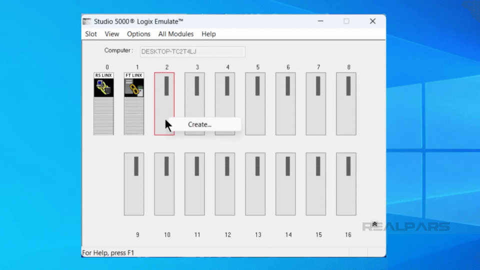 In Studio 5000 Logix Emulate, selecting the "Create" option to add an Emulate 5570 Controller to the virtual chassis and configuring its properties.