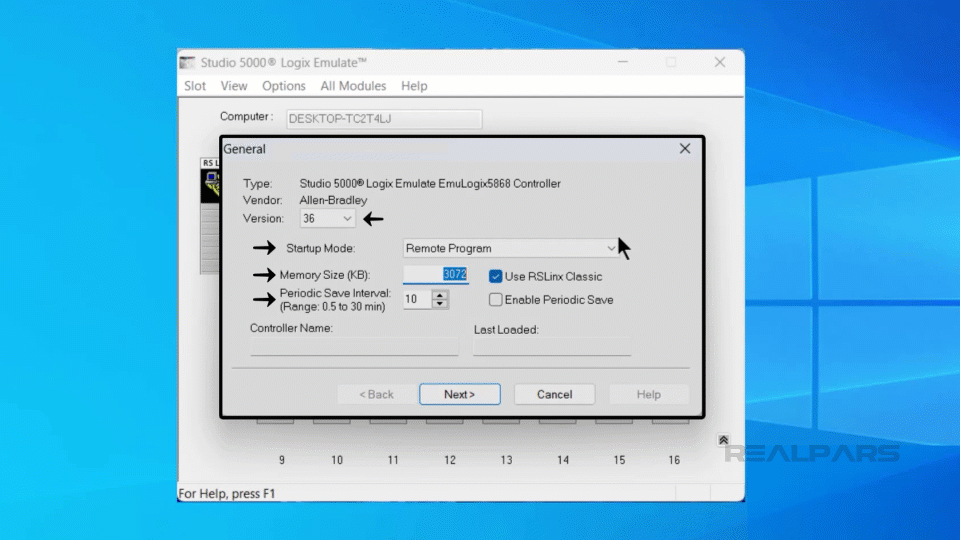 In Studio 5000 Logix Emulate, configuring the general settings for an Emulate 5868 controller, including memory size, startup mode, and periodic save options.