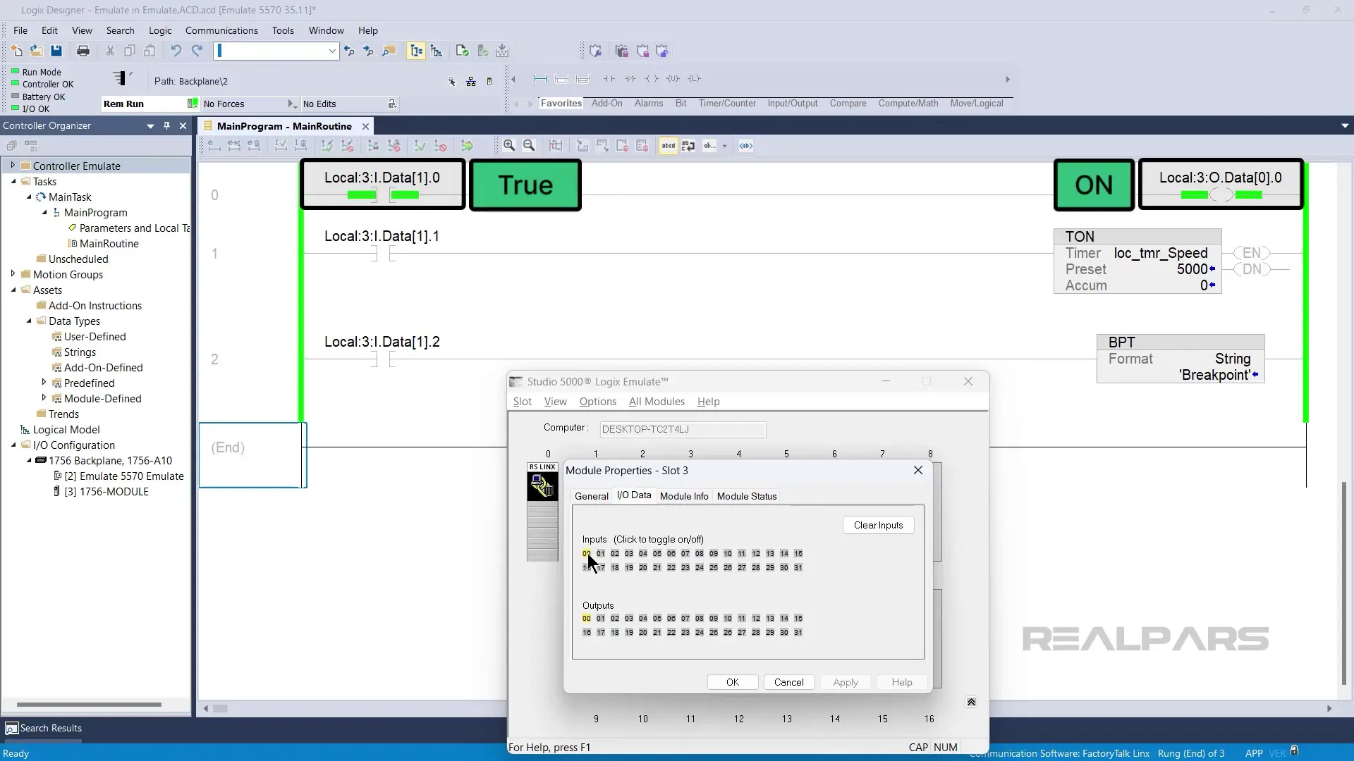 Studio 5000 Logix Designer and Logix Emulate show the input becoming True and the output turning on as expected during simulation with the emulated controller.