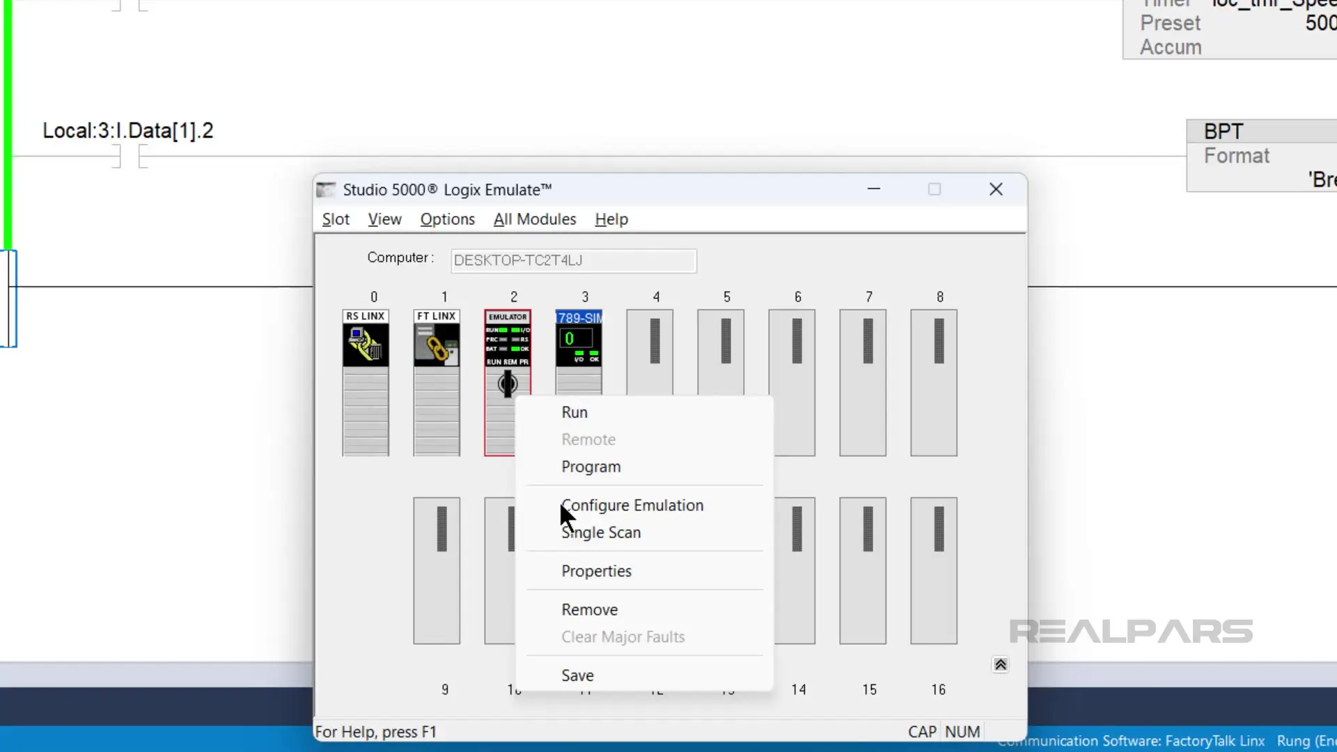 In Studio 5000 Logix Emulate, right-click the emulated controller to select "Configure Emulation”.