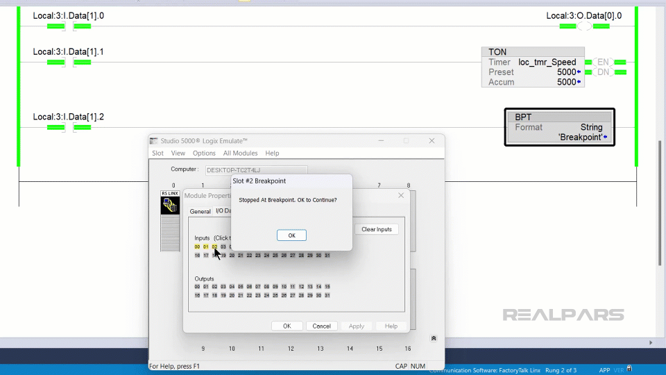 In Studio 5000 Logix Emulate, simulating the third input becoming True to trigger the breakpoint instruction, halting execution for inspection.