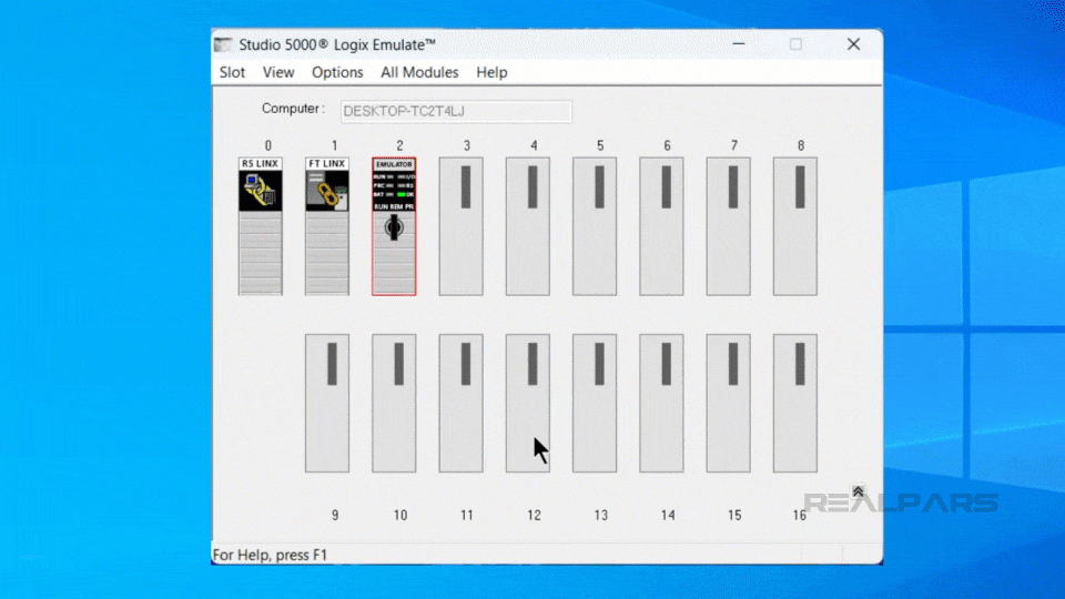 In Studio 5000 Logix Emulate, select the 1789-SIM 32 Point I/O Simulator module to add to the virtual chassis for simulating inputs and outputs.