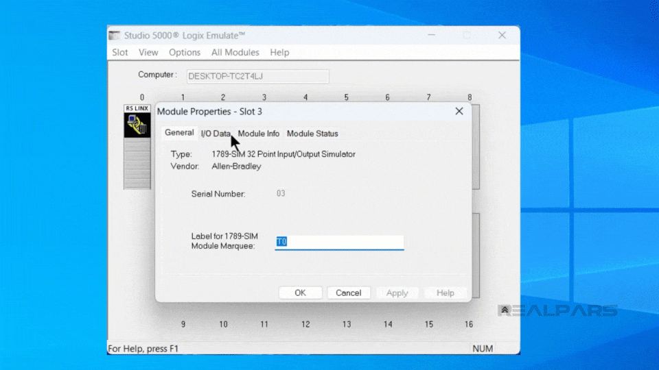 In Studio 5000 Logix Emulate, use the I/O Data tab in the module properties dialog to toggle inputs on or off for simulation.