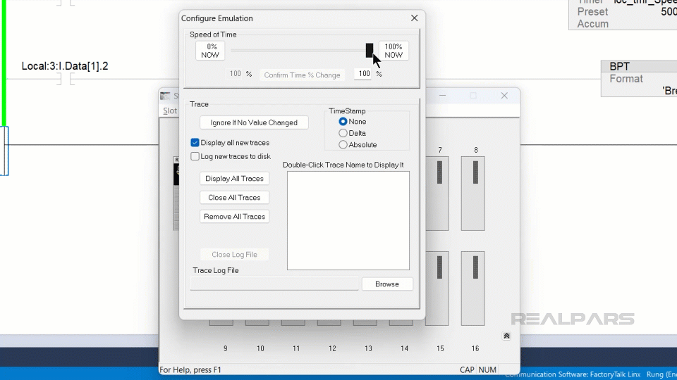 In Studio 5000 Logix Emulate, use the Speed of Time slider to adjust the emulation speed to 50% and confirm the change.