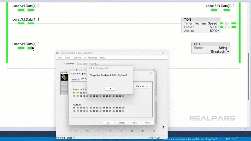 In Studio 5000 Logix Emulate, dismissing the breakpoint prompt to resume execution after a breakpoint has been triggered during the simulation.