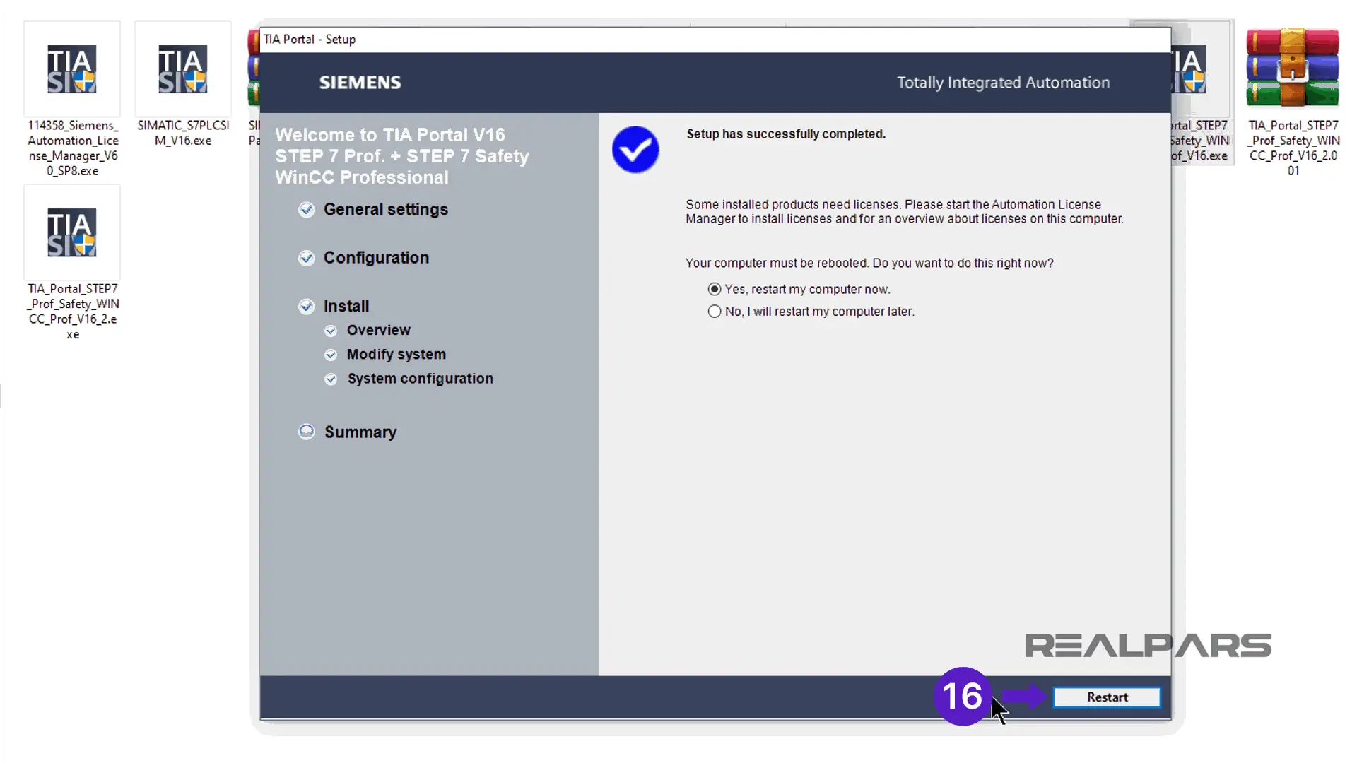 Reboot the PC after TIA Portal 16 Installation