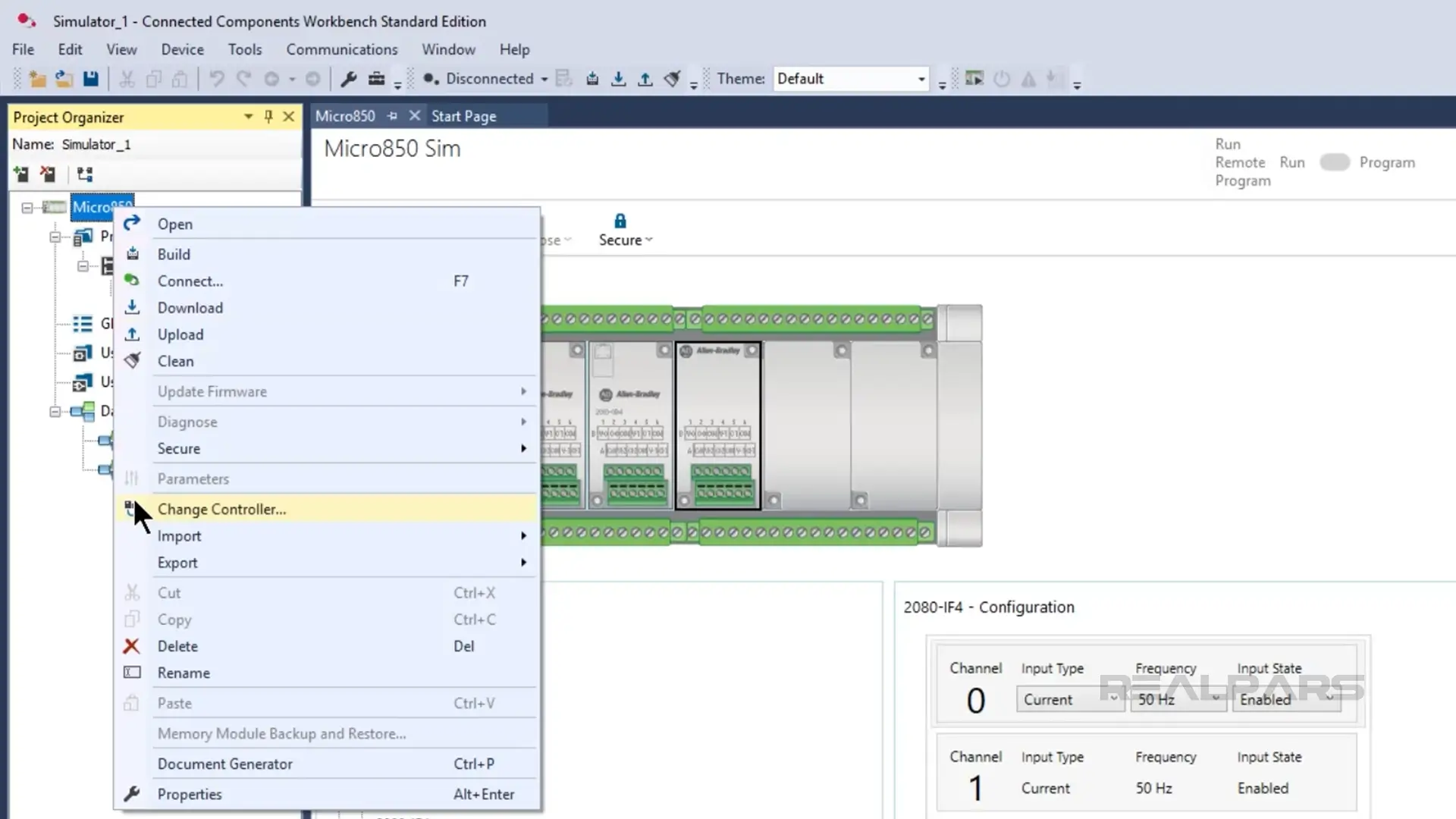 Menu in Connected Components Workbench showing the option to change the controller in a Micro800 project.