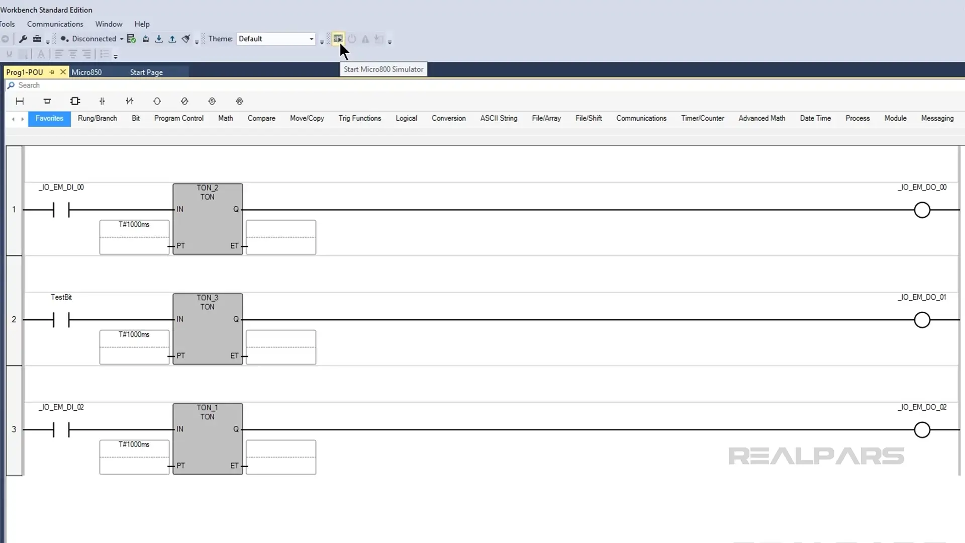 Example of ladder logic programming in Connected Components Workbench with TON timers and input/output elements.