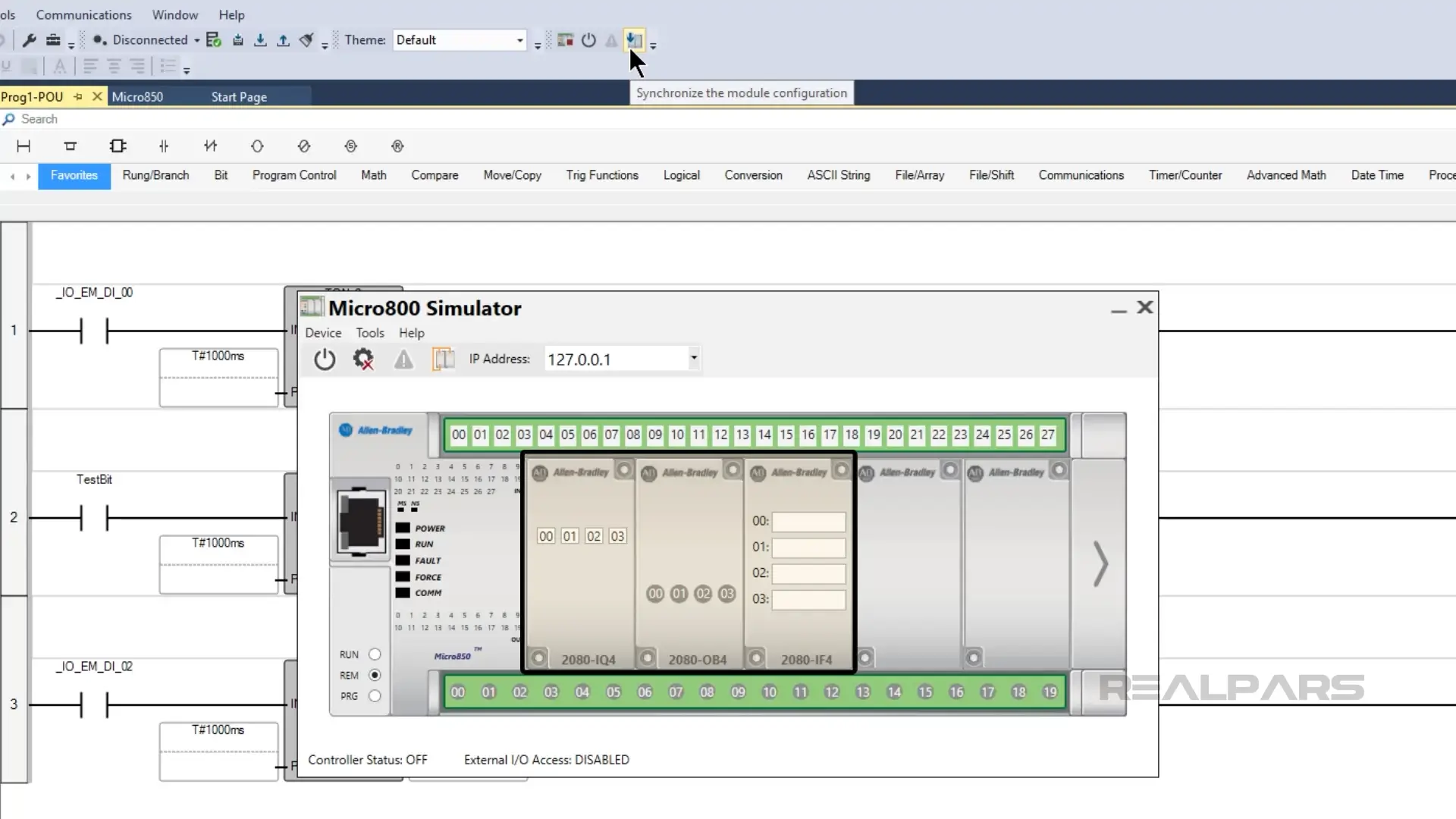 View of the Micro800 simulator showing synchronization of the module configuration in Connected Components Workbench.