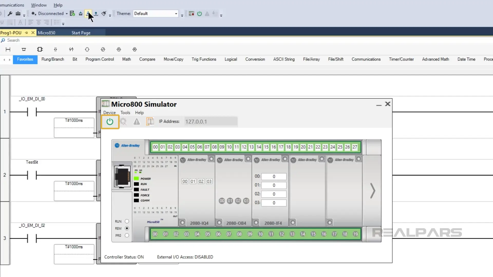 View of the Micro800 simulator showing the power button and download process in Connected Components Workbench.