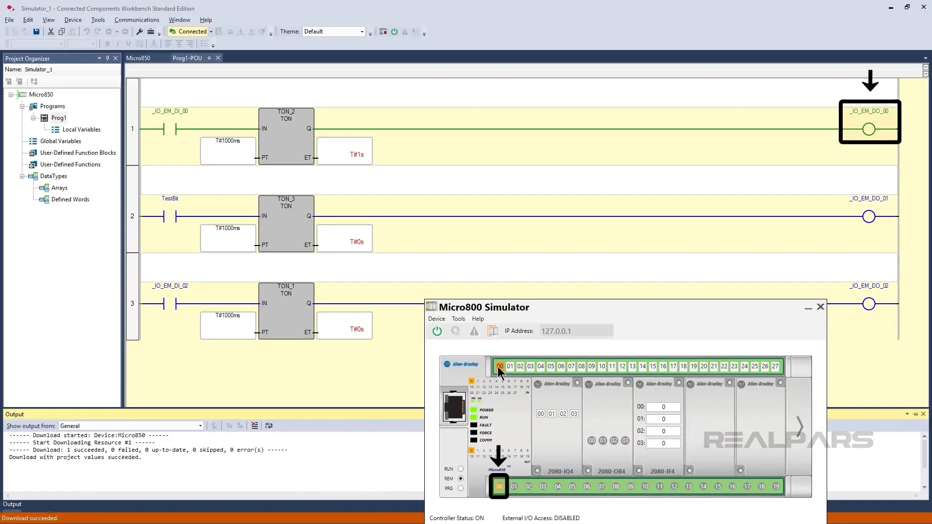 View of the Micro800 simulator showing the monitoring of output values in Connected Components Workbench.