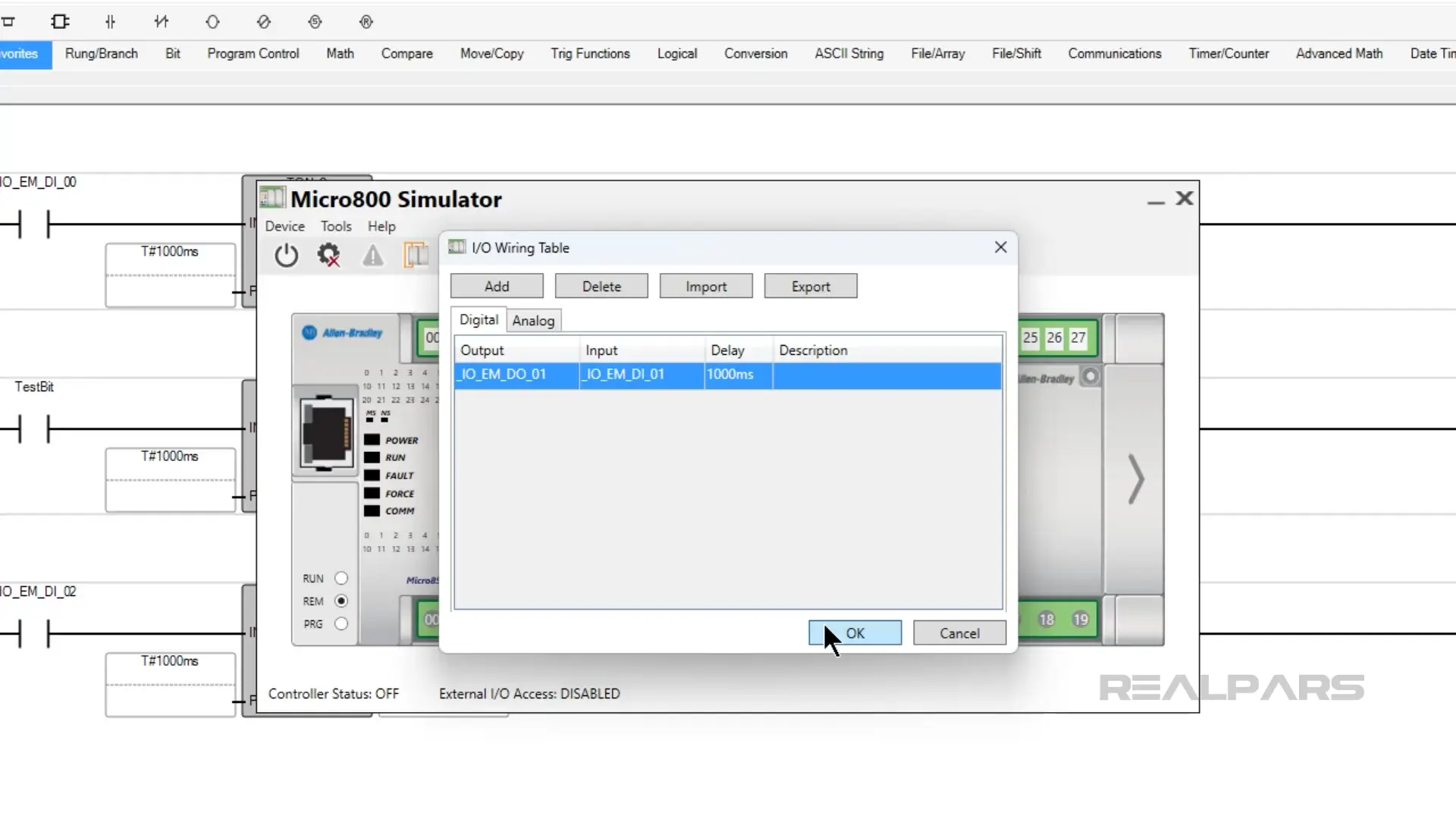 View of the Micro800 simulator showing the option to configure I/O wiring in Connected Components Workbench.