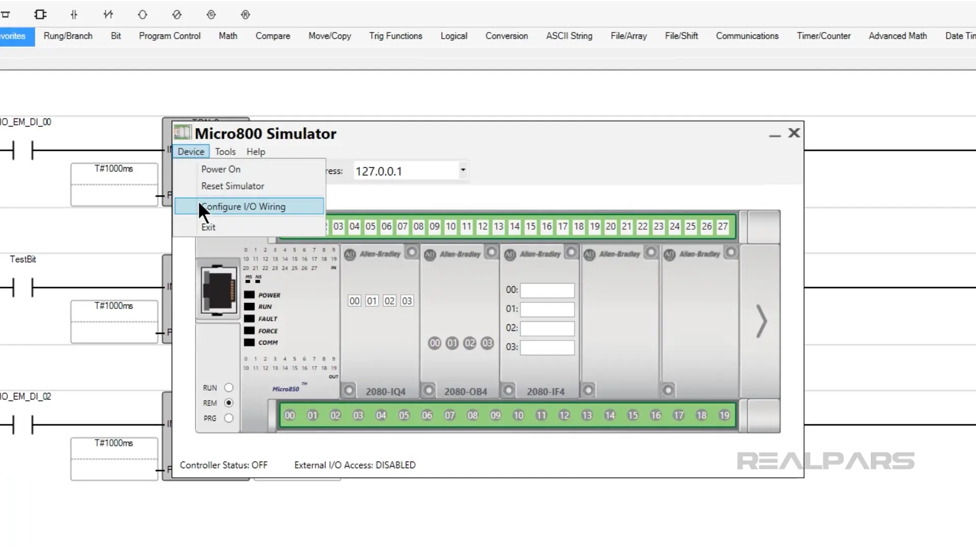 View of the Micro800 simulator showing the option to configure I/O wiring in Connected Components Workbench.