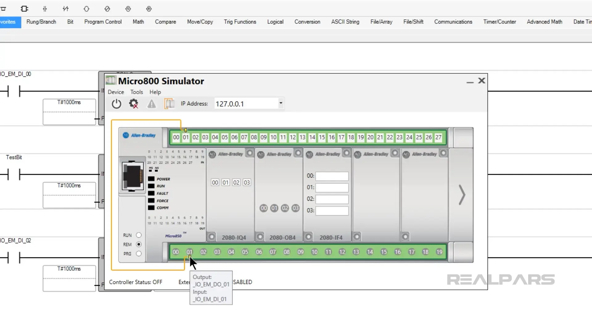 The Micro800 simulator shows output and input connections for monitoring in Connected Components Workbench.