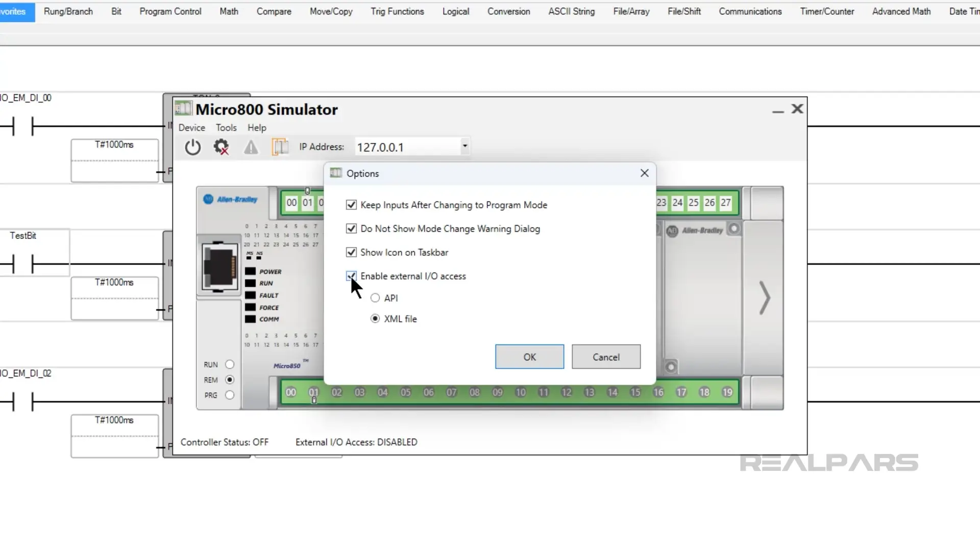 The Micro800 simulator options window showing the selection to enable external I/O access for simulation.