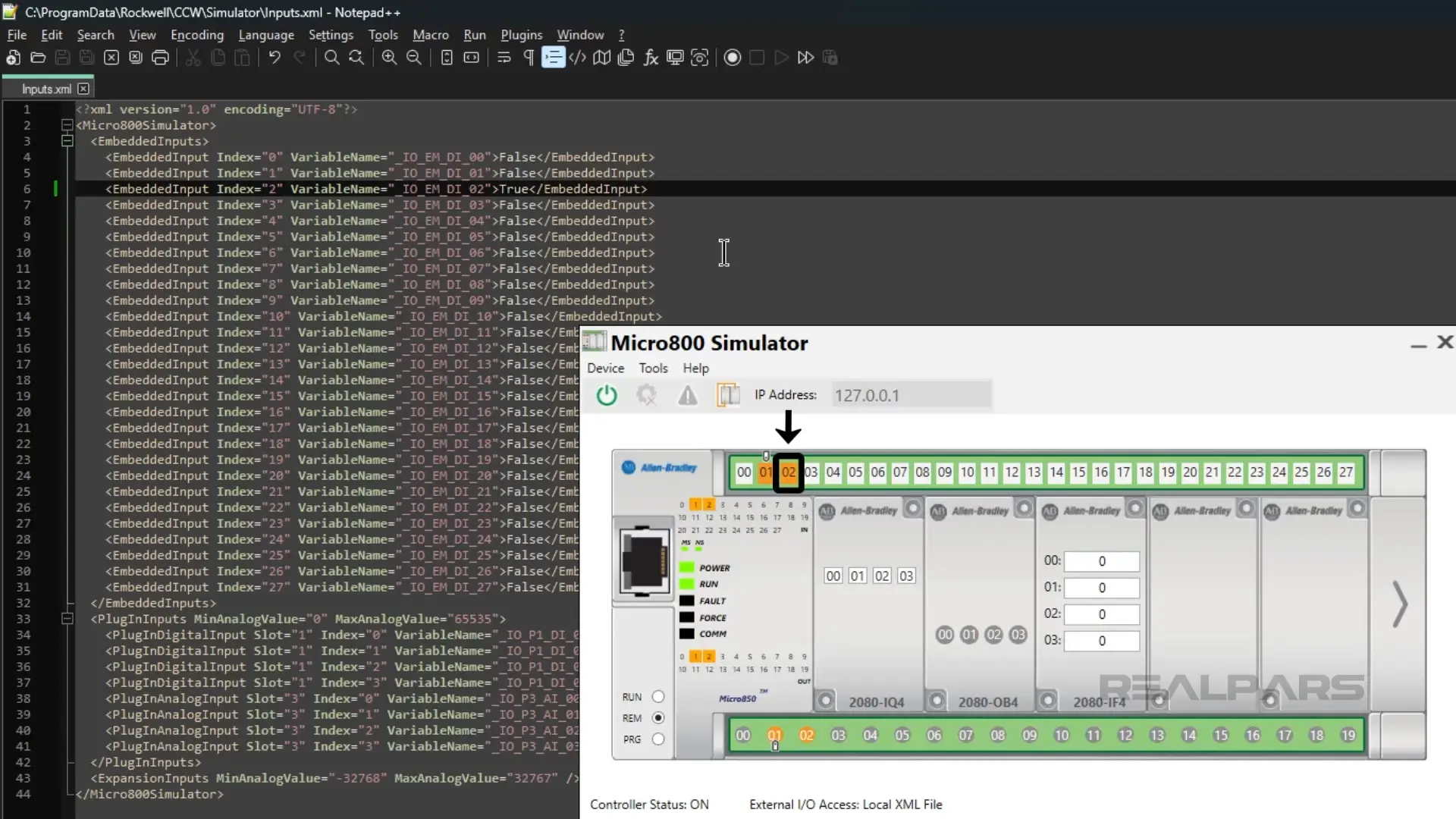 Editing the XML file to modify input values, with the updated values reflected in the Micro800 simulator interface.