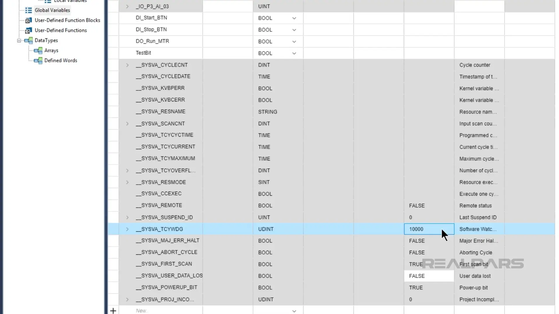 Display of system variables and their values in the Micro800 simulator, highlighting the __SYSVA_TCYWDG variable.