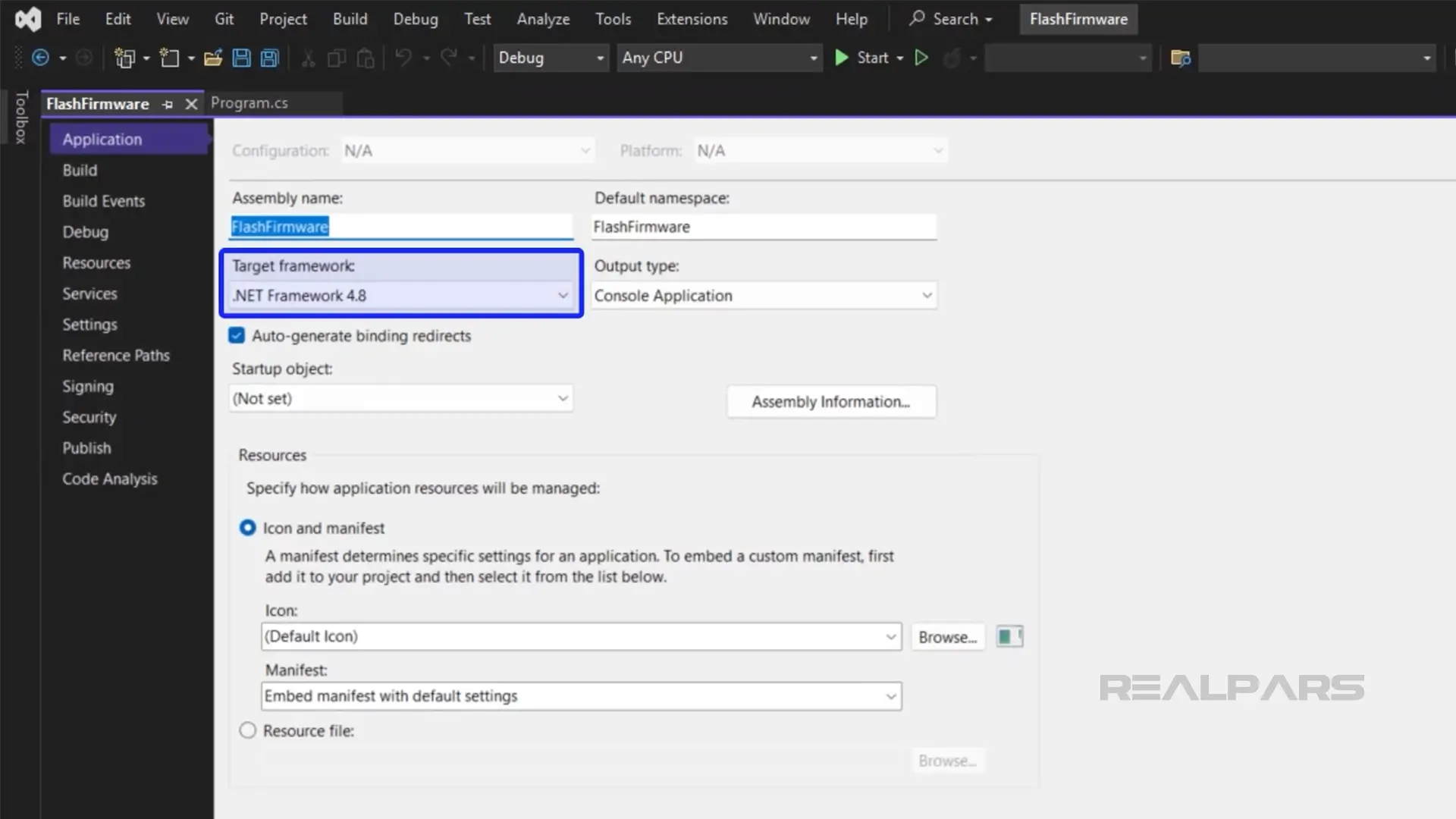 A Visual Studio project setup screen showing the selection of the .NET Framework 4.8 for a PLC firmware update application.