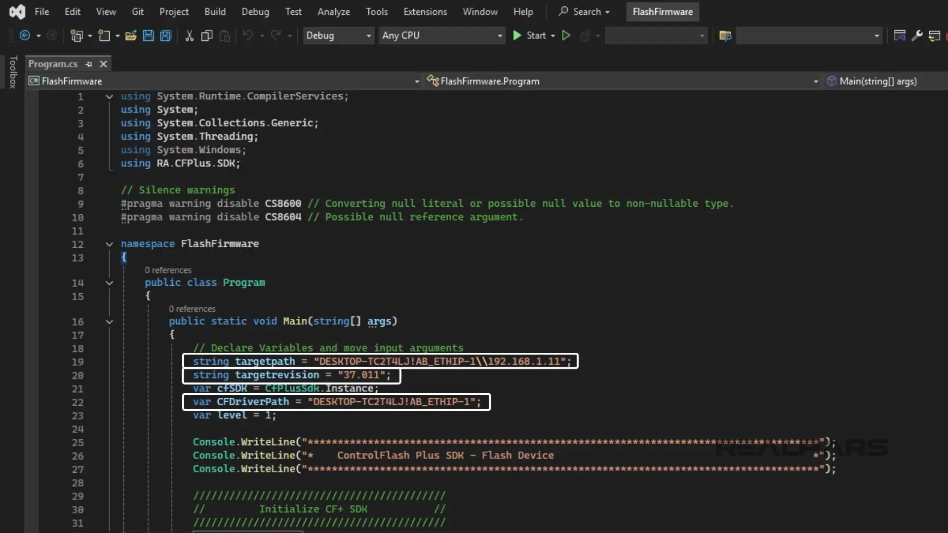 A Visual Studio code screen showing the declaration of variables, including target path and target revision.
