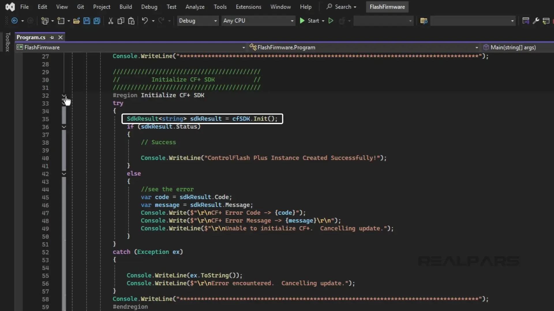 A Visual Studio code screen showing the initialization of the ControlFlash Plus SDK and error handling for updates.