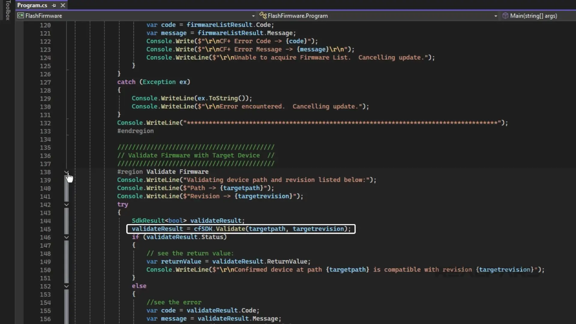 A Visual Studio code screen showing firmware validation with the target device, including error handling and compatibility check.