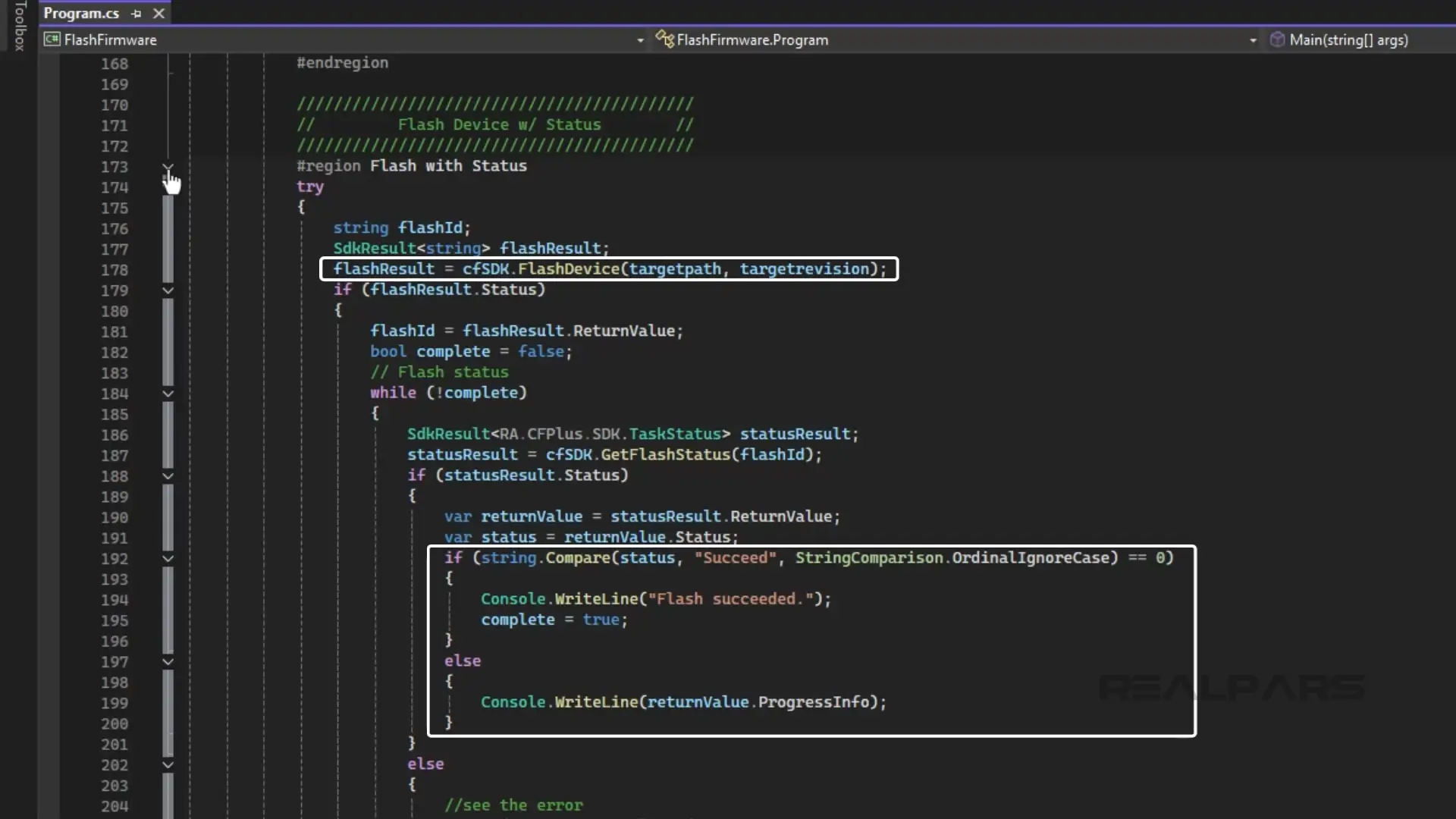 A Visual Studio code screen showing the flashing of a device with status checks, including success and error handling.