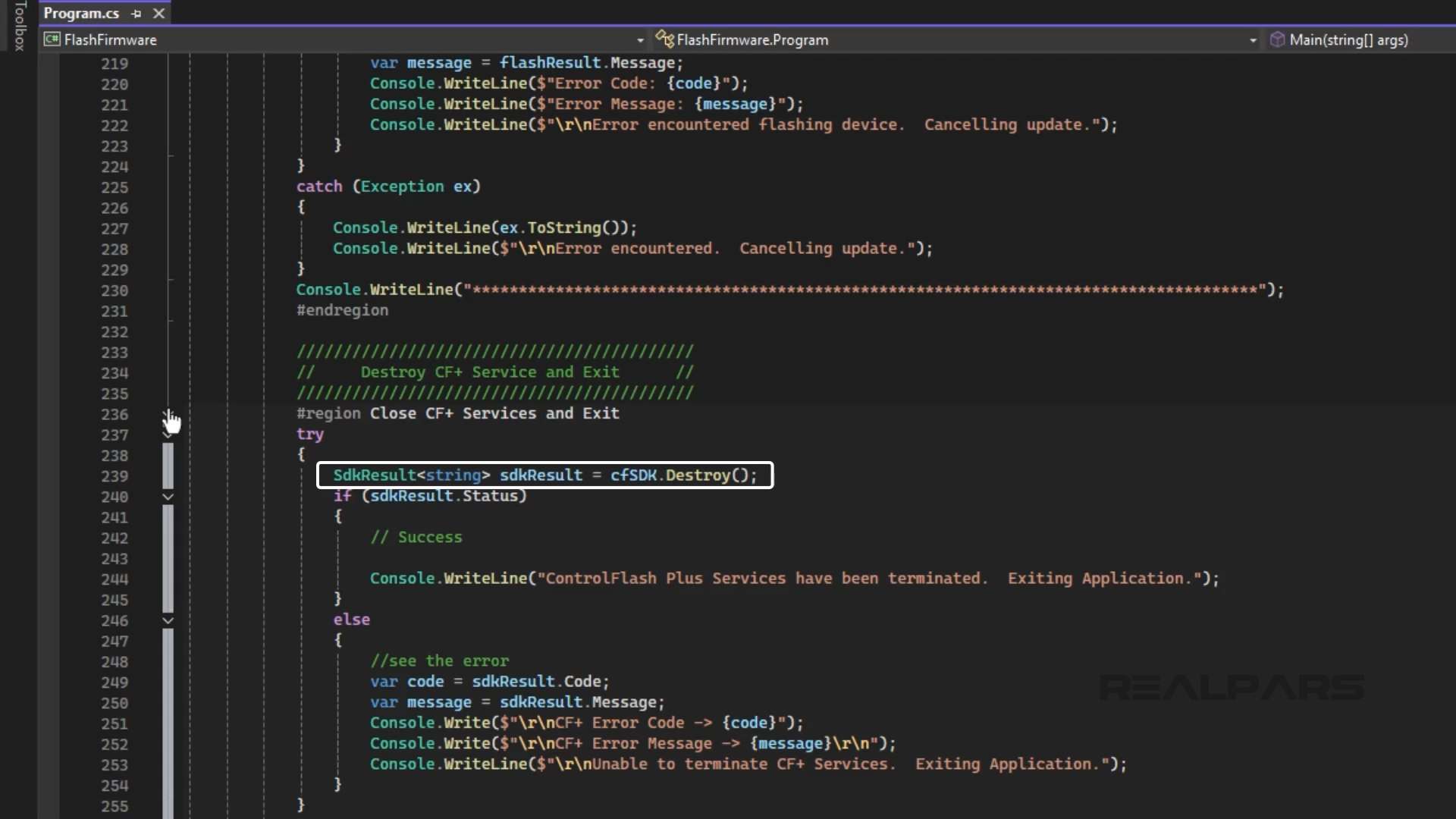 A Visual Studio code screen showing the termination of ControlFlash Plus services with error handling before exiting.