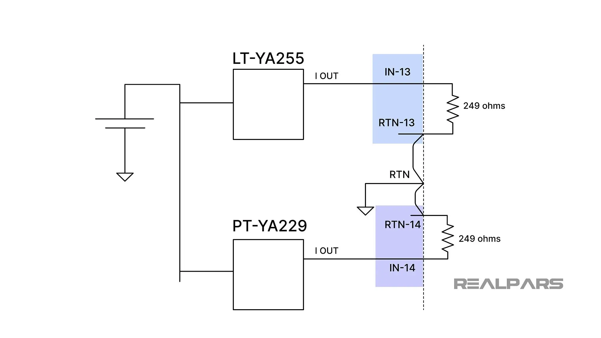 The simplified wiring for Channel 13 and 14 loops, connected to LT-YA255 and PT-YA229 transmitters with 249-ohm resistors.