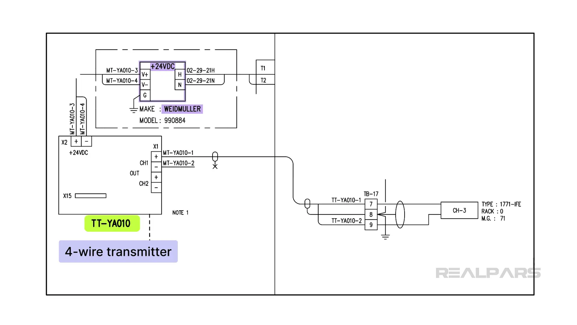 4-wire transmitter powered by separate 24VDC power.