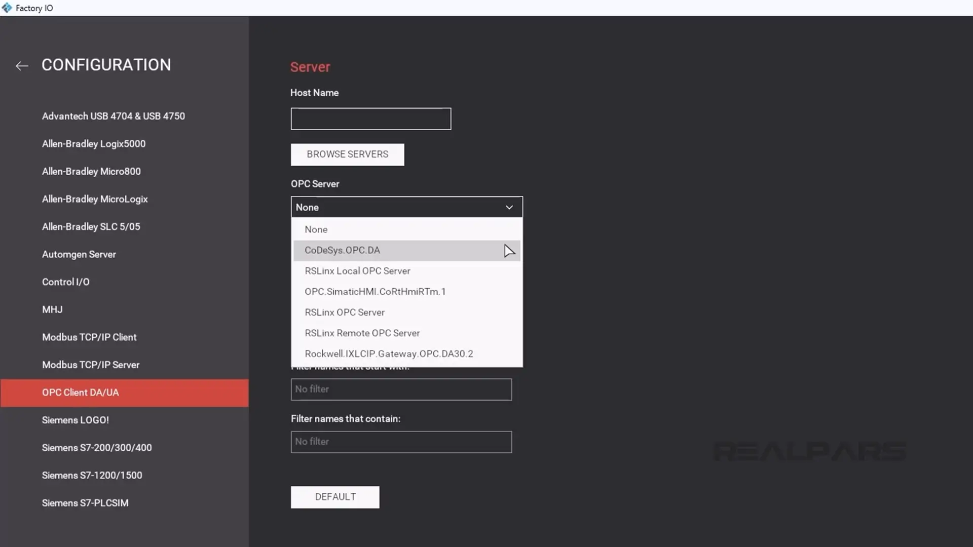 CODESYS.OPC.DA configuration in Factory IO