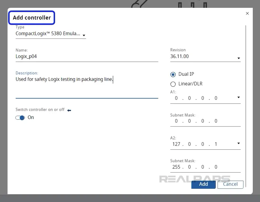 Configuring details for the controller in  Logix Echo.