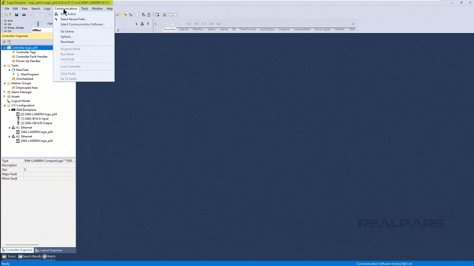 Downloading a project to a Logix Echo controller.