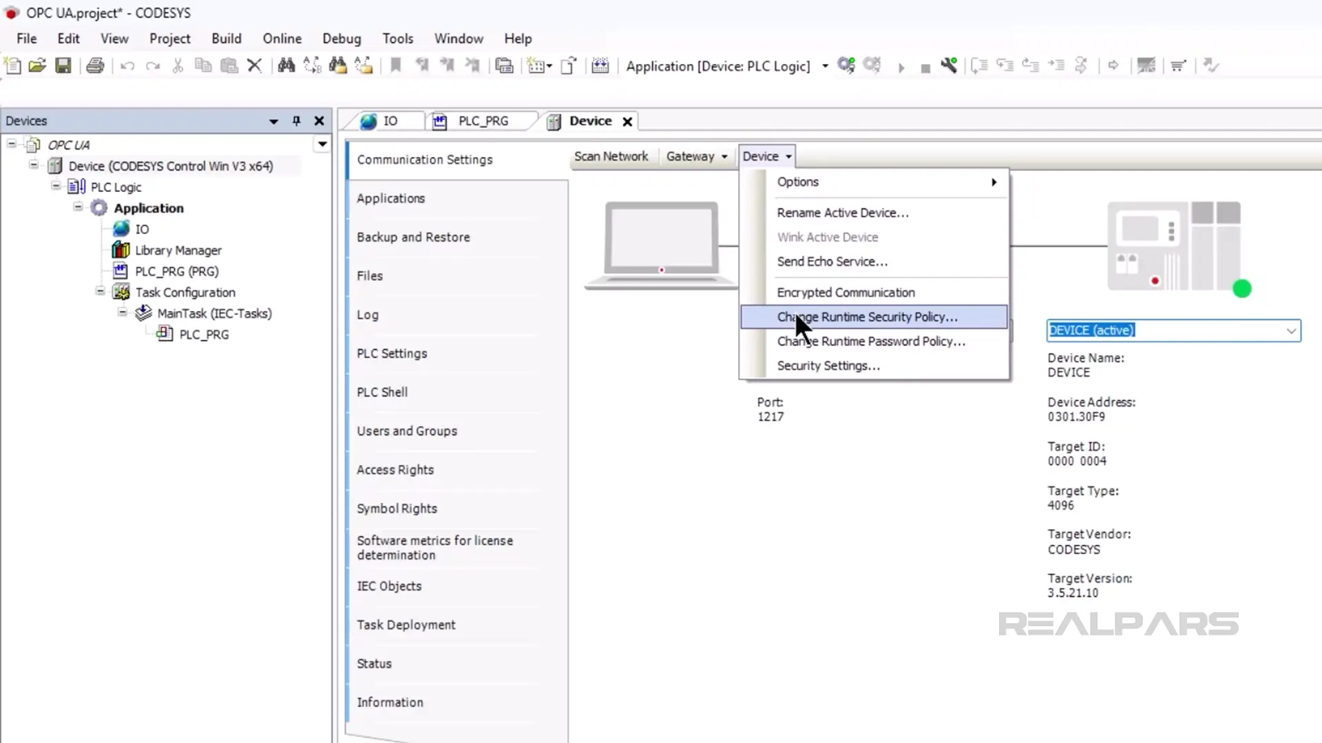 Change Runtime Security Policy in CODESYS