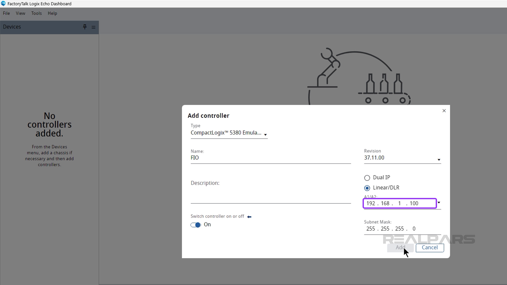 Configure the IP address of the emulated controller